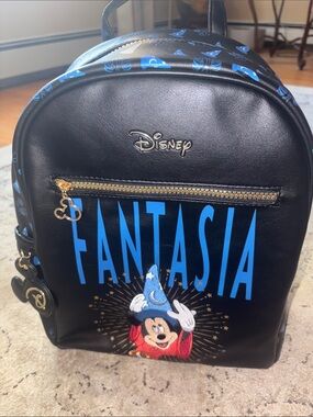 Disney Black Backpack with Bright Blue Fantasia Script & Gold Accents